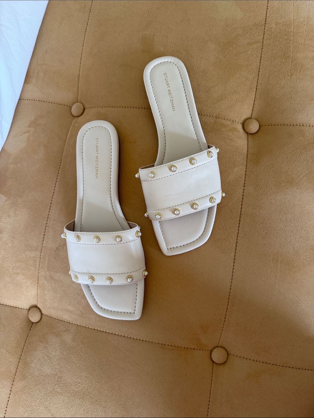 Stuart Weitzman Cream Slide Sandals with Gold Studs